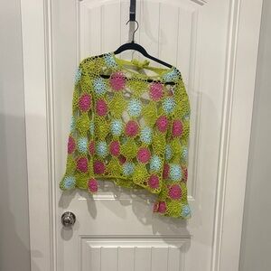 Reclaimed Vintage Lime Crochet Openwork Sweater with Pink & Light Blue Accents